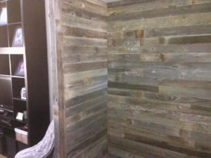 reclaimed wood accent wall in dining room