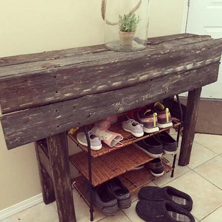 custom wooden entryway table with a shoerack